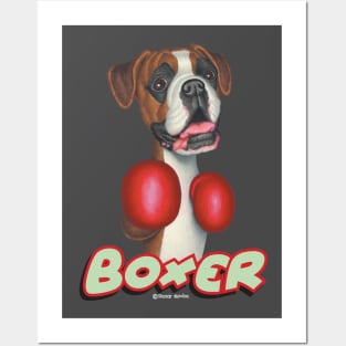 Cute Boxer Dog  wearing Boxing Gloves Posters and Art